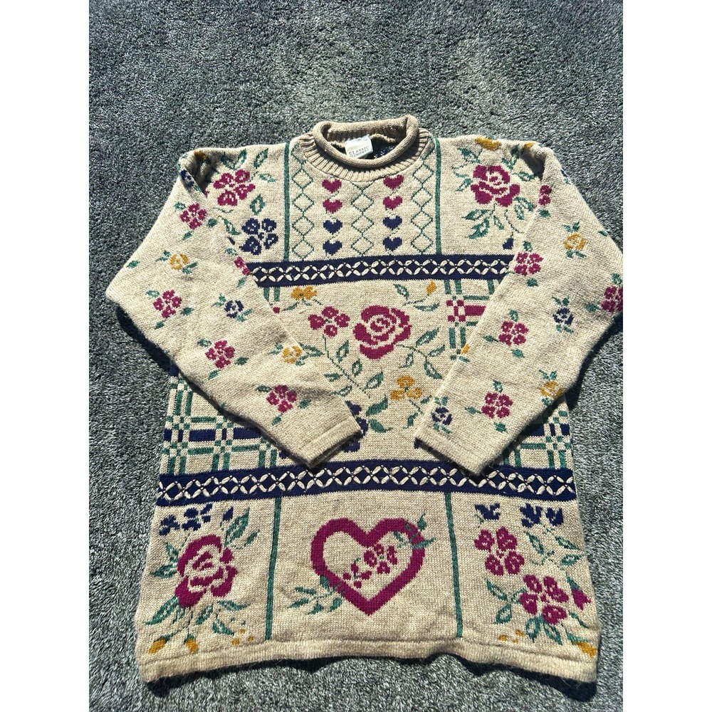 Vintage Classic Elements Womens M Floral Heart Sweater USA Made 90s Cottagecore